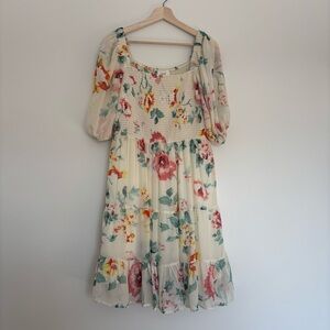 ODDY Floral Print Tiered Dress with a Square Neckline and Smocked Bodice